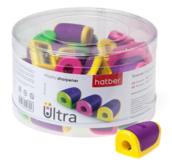 Точилка Hatber Пластиковая Цветная с резиновой вставкой Ассорти 3 цвета ULTRA с 1-м отверстием 36шт в боксе