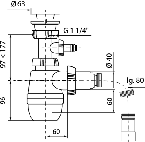 Сифон Wirquin Минор с выпуском 1¼ х 40 мм с отводом для стиральной машины и гофротрубой L800 мм, 40х40/50 (30718052) - 1
