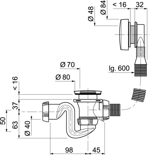 Слив-перелив Wirquin SB600 полуавтомат, вентиль и клапан латунь хром, L600 мм (30717569) - 0