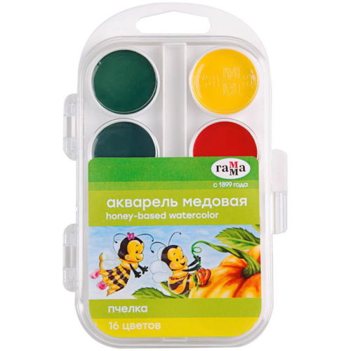Краски Гамма Акварель Пчелка, медовая 16 цветов, без кисти - 0