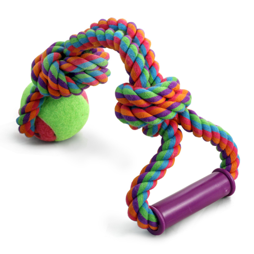 Игрушка для собак - Верёвка с ручкой 2 узла и мяч (6,5см/38см) - 0