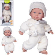 Пупс Junfa Pure Baby в вязаных белых с серой полоской кофточке, штанишках, шапочке, 25см - 0