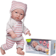 Пупс Junfa Pure Baby в вязаных бело-розовых полосатых кофточке, штанишках и шапочке, с аксессуарами, 30см - 0