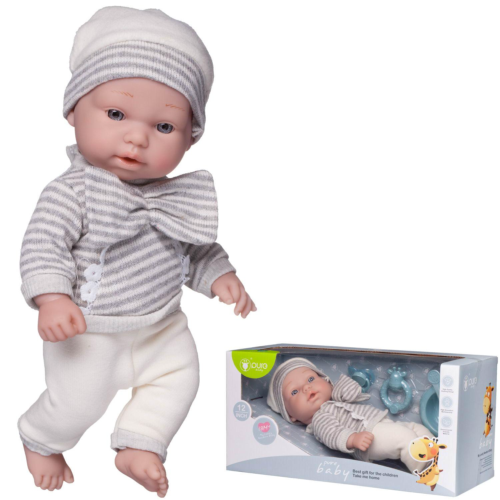 Пупс Junfa Pure Baby в вязаных полосатой серо-белой кофточке с бантом, белых с серой полоской штанишках и шапочке, с аксессуарами, 30см - 0