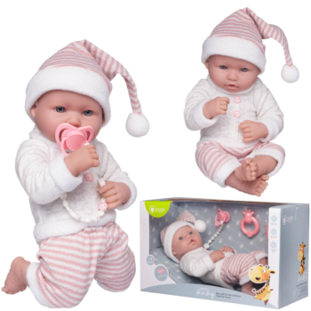 Пупс Junfa Pure Baby в вязаных бело-розовых полосатых штанишках и шапочке-колпаке, серой толстовке, с аксессуарами, 35см