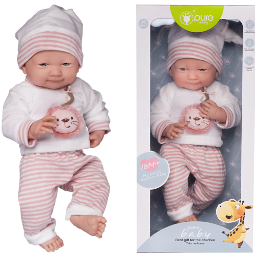 Пупс Junfa Pure Baby в белой со львенком кофточке, бело-розовых в полоску штанишках и шапочке, с аксессуарами, 35см - 0