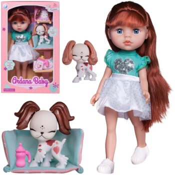Кукла Junfa Ardana Baby в бирюзовой кофточке и белой юбке с собачкой и аксессуарами 32,5см