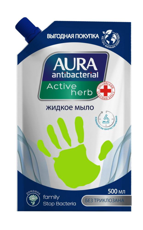 Мыло жидкое AURA РОМАШКА с антибактериальным эффектом, дой-пак 500мл - 0