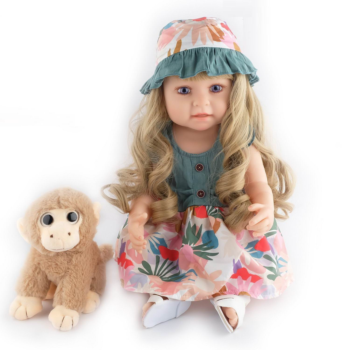 Кукла Junfa в разноцветных платье и шляпке с плюшевой обезьянкой 55 см