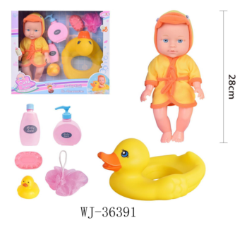 Игровой набор Junfa Пупс 28 см в банном халатике "Утенок" с игрушками и предметами для ванны