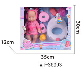 Игровой набор Junfa Пупс 28 см в банном халатике "Единорог" с игрушками и предметами для ванны