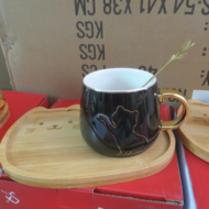 Кружка с блюдцем бамбук Котик Черный - 0