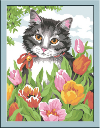 CE109/Кошечка в тюльпанах - картина по номерам