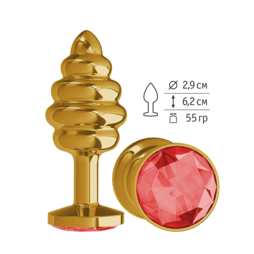 Золотистая пробка с рёбрышками и красным кристаллом - 7 см. - 0