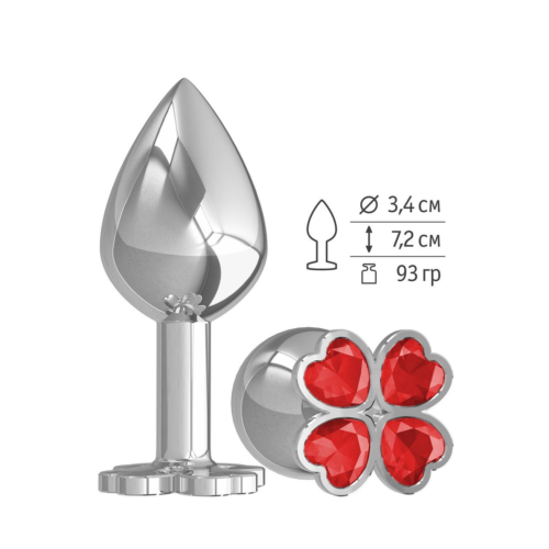 Средняя серебристая анальная втулка с клевером из красных кристаллов - 8,5 см. - 0