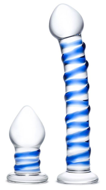 Набор из 2 стеклянных игрушек с синей спиралью Swirly Dildo Buttplug Set