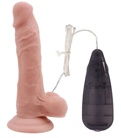 Телесный вибратор с мошонкой на присоске 7 Inch Beginners Dildo Vibrator - 18,6 см. - 0