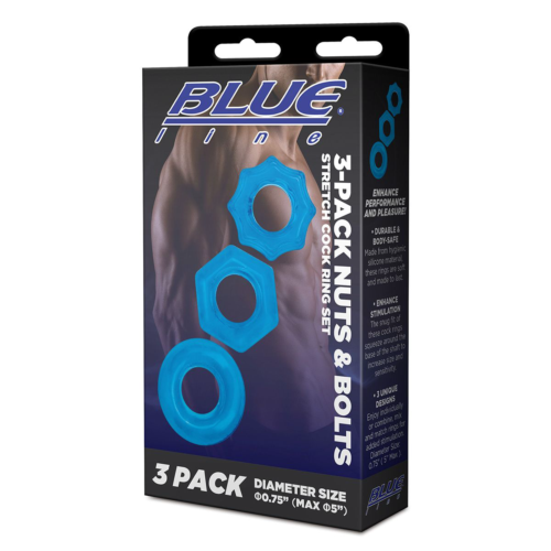 Комплект из трех голубых колец для эрекции 3-Pack Nuts Bolts Stretch Cock Ring Set - 3