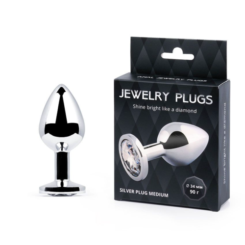 Анальная пробка SILVER PLUG MEDIUM с прозрачным кристаллом - 8,2 см. - 2