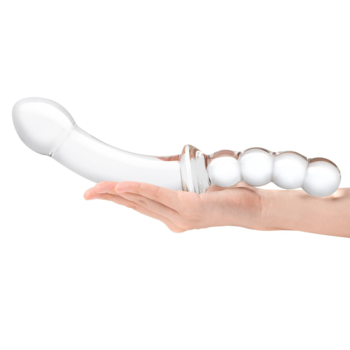 Стеклянный двусторонний фаллоимитатор 12,5’’ Girthy Double Sided Dong With Anal Bead Grip Handle - 32 см. - 4