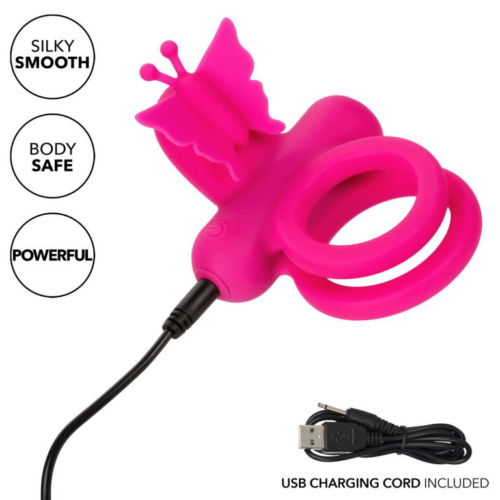 Розовое эрекционное виброкольцо Silicone Rechargeable Dual Butterfly Ring - 2