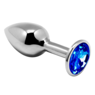 Серебристая анальная втулка с синим кристаллом Mini Metal Butt Plug Size M - 8 см. - 0