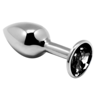 Серебристая анальная втулка с черным кристаллом Mini Metal Butt Plug Size M - 8 см. - 0