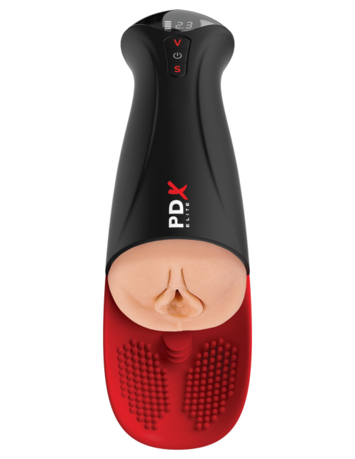 Телесный мастурбатор-вагина в черной колбе с вибрацией Fuck-O-Matic Pro XL - 0