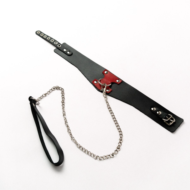 Черный широкий ошейник с красным декором и поводком - 0