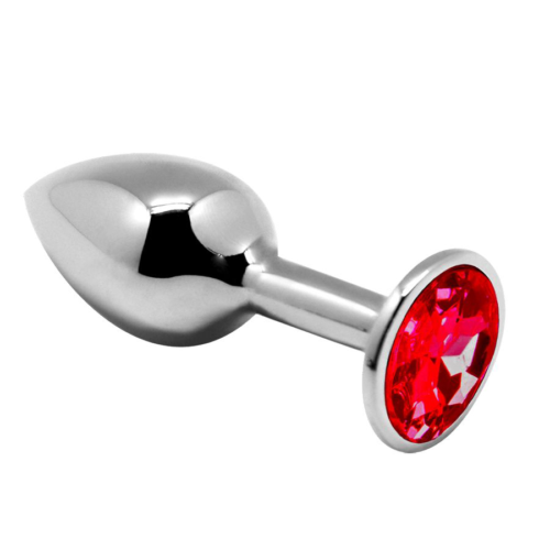 Серебристая анальная втулка Mini Metal Butt Plug Size M с красным кристаллом - 0