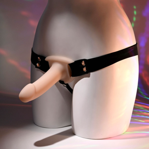 Телесный полый страпон с черными эластичными ремешками Our First Hollow Strap On - 7