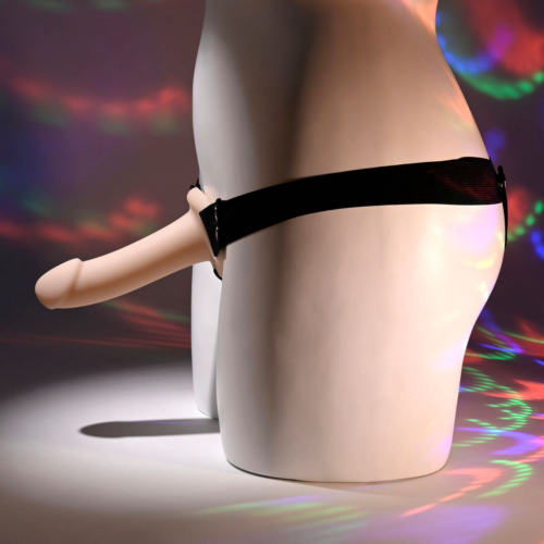 Телесный полый страпон с черными эластичными ремешками Our First Hollow Strap On - 8