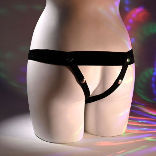 Телесный полый страпон с черными эластичными ремешками Our First Hollow Strap On - 9