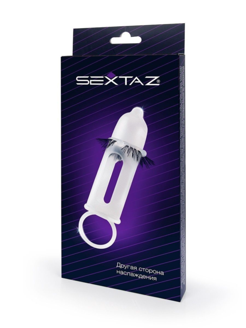 Эластичная насадка на пенис с подхватом мошонки и стимулирующими «ресничками» - 6