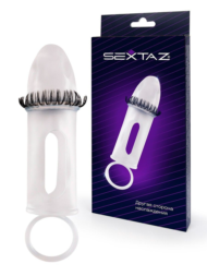 Закрытая насадка на пенис с подхватом мошонки и стимулирующими «ресничками» - 0