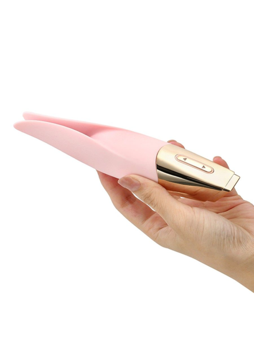 Нежно-розовый мини-вибратор с раздвоенным кончиком - 12,3 см. - 4