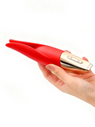 Красный мини-вибратор с раздвоенным кончиком - 12,3 см. - 4