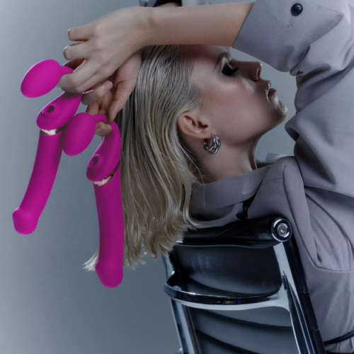 Ярко-розовый безремневой страпон Multi Orgasm Bendable Strap-On size XL с клиторальной стимуляцией - 4