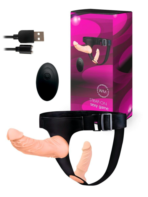 Женский страпон с 2 насадками, вибрацией и пультом ДУ - 0
