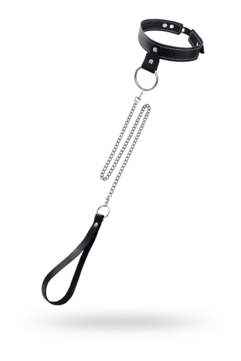 Черный узкий однослойный ошейник с серебристым поводком-цепочкой