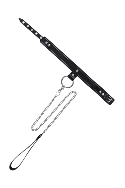 Черный узкий однослойный ошейник с серебристым поводком-цепочкой - 1