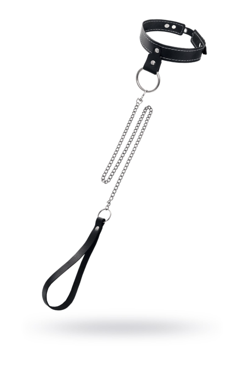 Черный узкий однослойный ошейник с серебристым поводком-цепочкой - 0