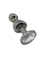 Серебристая анальная втулка Wooomy Lollypop M с прозрачным кристаллом - 9,4 см. - 0