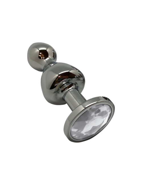 Серебристая анальная втулка Wooomy Lollypop M с прозрачным кристаллом - 9,4 см. - 0