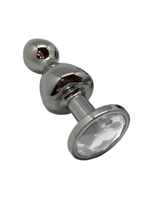Серебристая анальная втулка Wooomy Lollypop L с прозрачным кристаллом - 10,5 см. - 0
