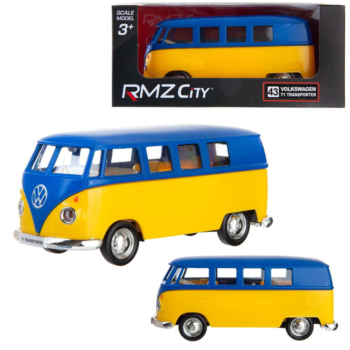 Машина металлическая RMZ City 1:32 Автобус инерционный Volkswagen Type 2 (T1) Transporter, цвет матовый синий с желтым, 16,5*7,5*7 см