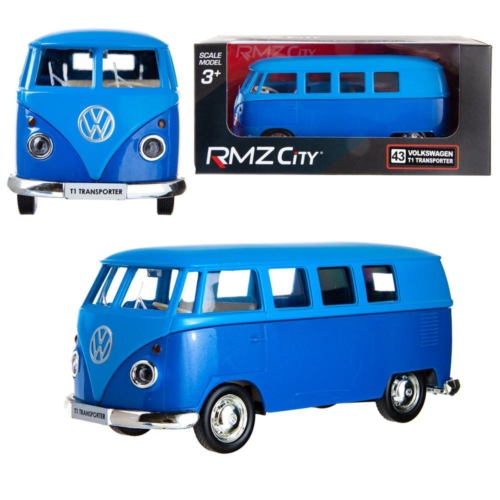 Машина металлическая RMZ City 1:32 Автобус инерционный Volkswagen Type 2 (T1) Transporter, цвет матовый голубой с синим, 16,5*7,5*7 см - 0