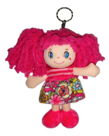 Кукла, с розовыми волосами в розовом платье, на брелке, мягконабивная, 15 см