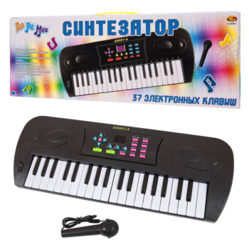Синтезатор черный 37 клавиш, с микрофоном и дисплеем, эл/мех, работатет от батареек, 53x6x19,2 см