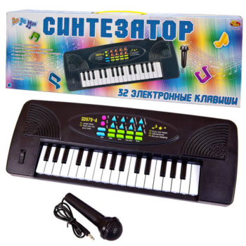 Синтезатор черный 32 клавиши, с микрофоном, эл/мех, работает от батареек, 44,5x5,5x15,5